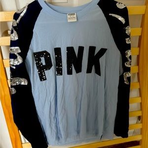 PINK Victoria Secret Women's Long Sleeve Shirt Sequin Light Blue/Navy M